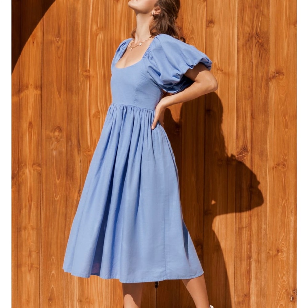 Puff Sleeve Linen Midi Dress Small
